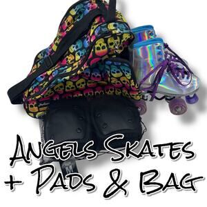 Angels Skates Sidewalk Iridescent Silver + Elbow & Knee Pads + Bag Women’s Sz 6